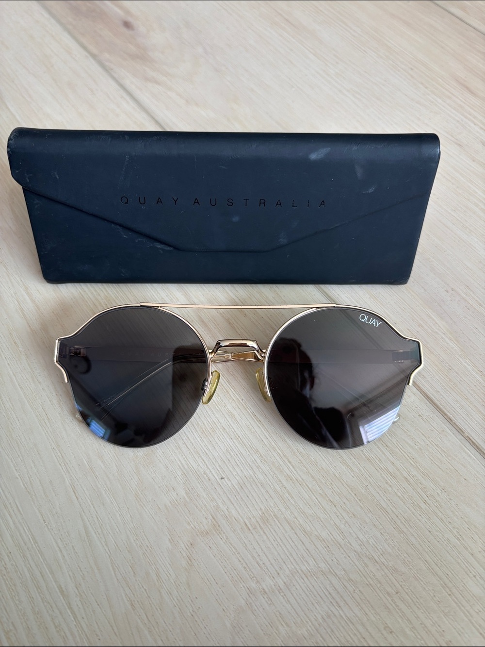 Quay Australia Roadie Gold Frame Sunglasses with Dark Brown Lenses